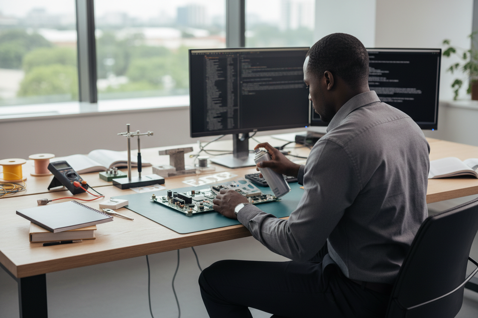 Black man sitting at desk using a spray can. Picture from behind not showing face